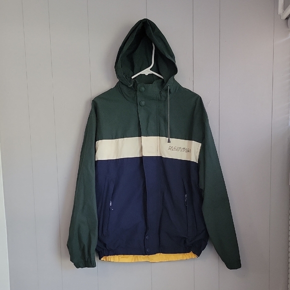 Vintage Nautica Mens Jacket XL Hooded Green Reversible Long Sleeve - Picture 2 of 7
